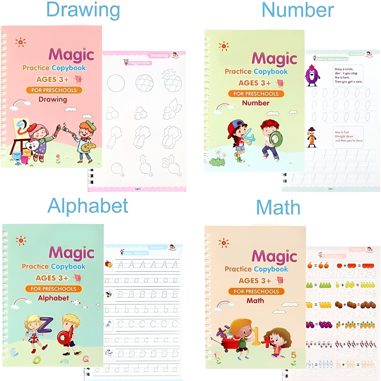 Magic PlayBook for Kids – Reusable Water Reveal Learning Set (4 Books + 10 Refills + 2 Pens + 1 Grip)
