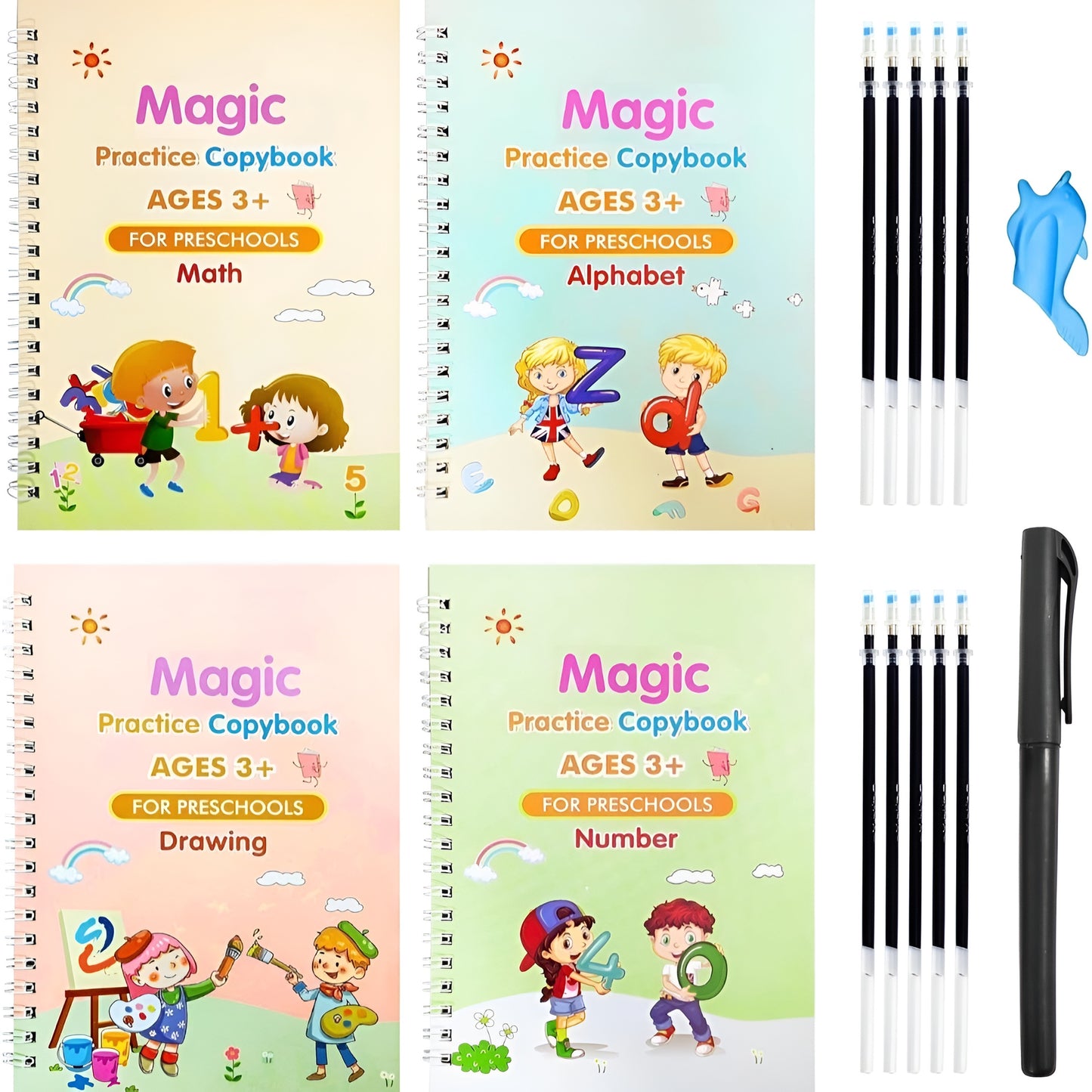 Magic PlayBook for Kids – Reusable Water Reveal Learning Set (4 Books + 10 Refills + 2 Pens + 1 Grip)