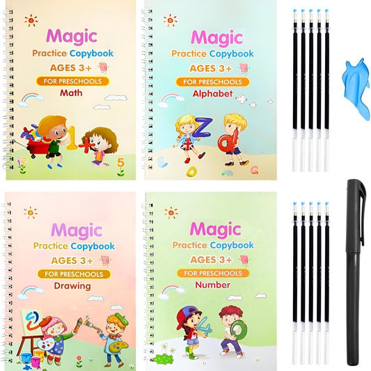 Magic PlayBook for Kids – Reusable Water Reveal Learning Set (4 Books + 10 Refills + 2 Pens + 1 Grip)